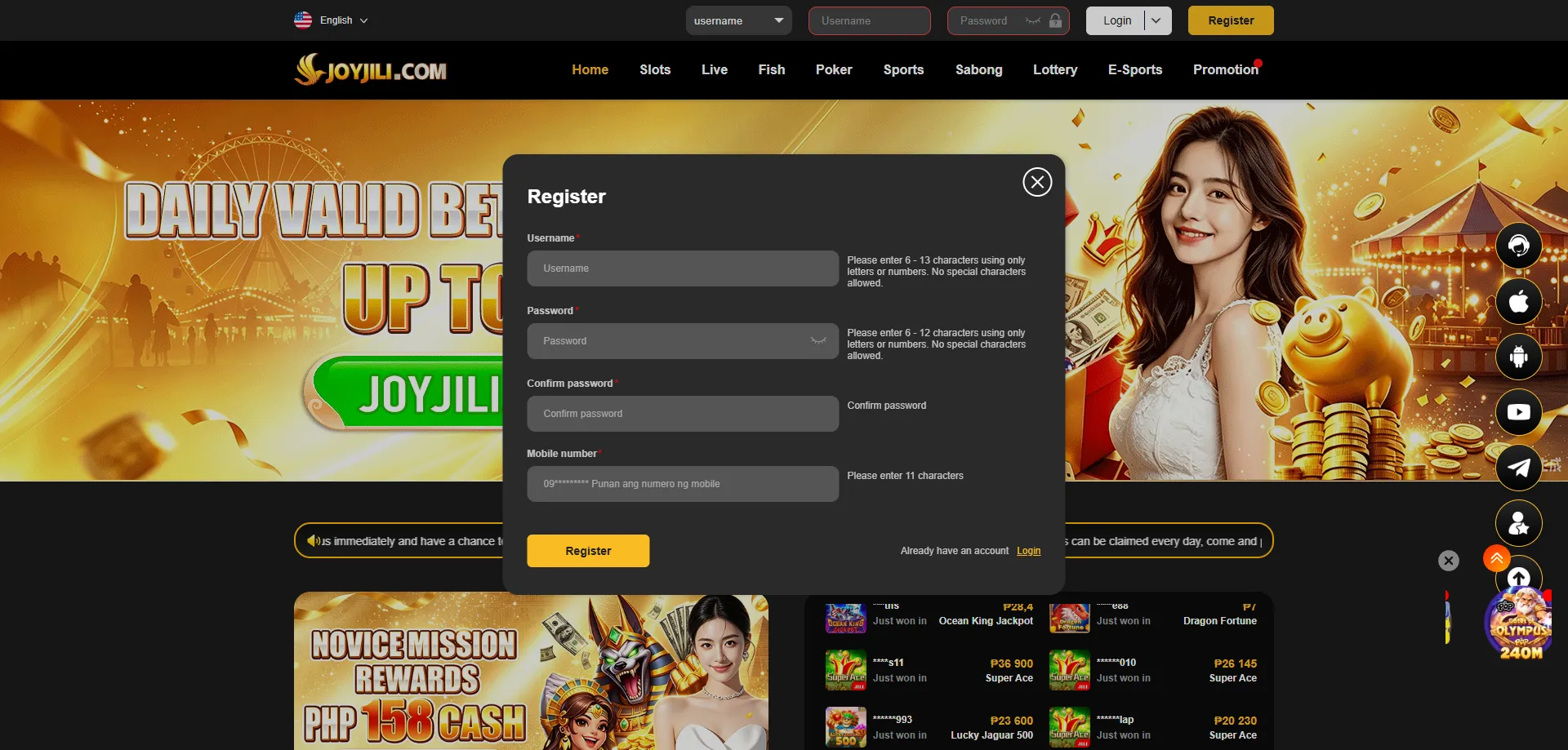Joyjili casino account registration screen for new VIP members